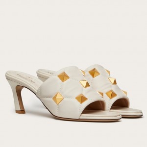 Valentino Roman Stud Slide Sandals 65mm In White Lambskin