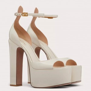 Valentino Tan-Go Platform Sandals 155mm In White Patent Leather