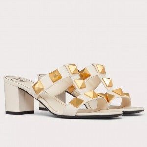 Valentino Roman Stud Slide Sandals 60mm In White Calfskin