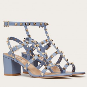 Valentino Rockstud Ankle Strap Sandals 60mm In Blue Calfskin