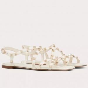 Valentino Rockstud Flat Sandals with Straps in White Leather 