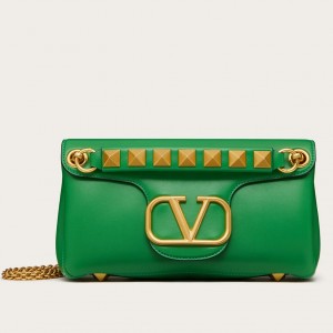 Valentino Stud Sign Shoulder Bag In Green Nappa Leather