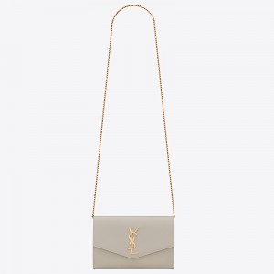 Saint Laurent WOC Uptown Chain Wallet In White Leather