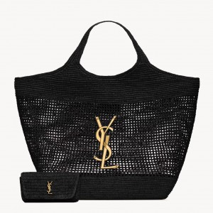 Saint Laurent Icare Maxi Tote Bag in Black Raffia