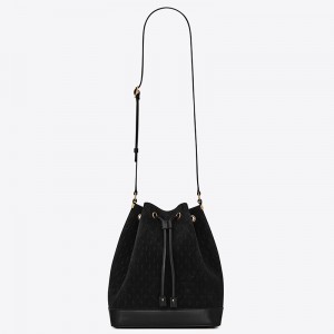 Saint Laurent Monogram All Over Bucket Bag In Black Suede