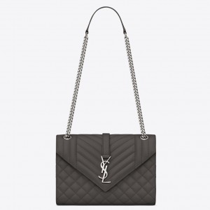 Saint Laurent Medium Envelope Bag In Grey Grained Leather