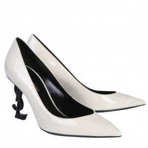 Saint Laurent Opyum 110 Pumps In White Patent Leather with Black Heel