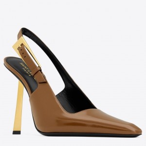 Saint Laurent Lee Slingback Pumps in Brown Glazed Leather