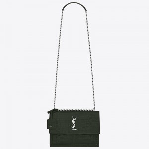 Saint Laurent Sunset Medium Bag In Green Crocodile Embossed Leather