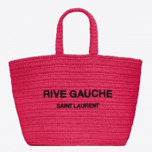 Saint Laurent Rive Gauche Tote Bag in Neon Pink Raffia Crochet