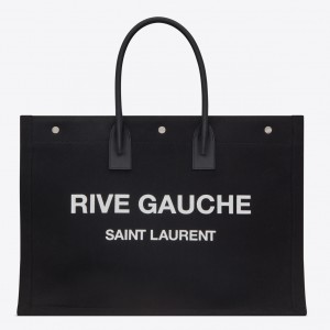 Saint Laurent Rive Gauche Tote Bag in Black Linen and Leather