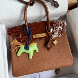 Hermes Touch Birkin 30 Bag In Gold Clemence and Shiny Niloticus Crocodile Skin 