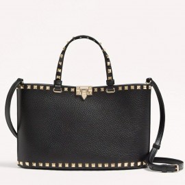 Valentino Rockstud Small Shopping Bag in Black Grainy Calfskin