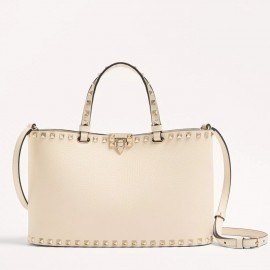Valentino Rockstud Small Shopping Bag in White Grainy Calfskin