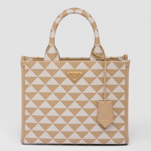 Prada Symbole Small Bag in Beige and White Jacquard Fabric