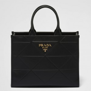 Prada Symbole Medium Bag with Topstitching in Black Leather