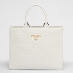 Prada Symbole Medium Bag with Topstitching in White Leather