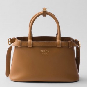 Prada Buckle Small Bag with Double Belt in Brown Leather
