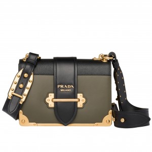 Prada Cahier Shoulder Bag In Green/Black Leather