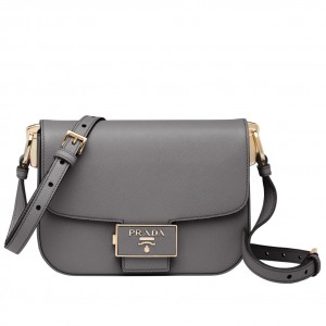 Prada Embleme Shoulder Bag In Grey Saffiano Leather 