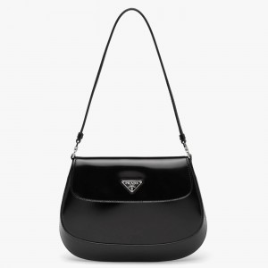 Prada Cleo Flap Bag In Black Brushed Leather