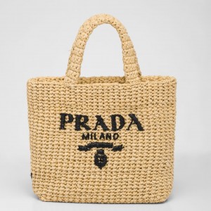 Prada Small Crochet Tote Bag in Beige Raffia-effect Yarn