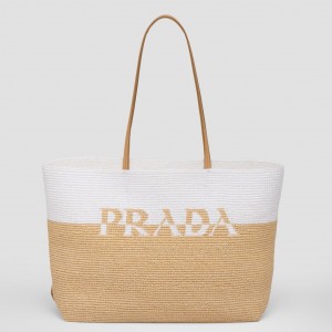 Prada Crochet Large Tote Bag in Beige/White Raffia-effect Yarn