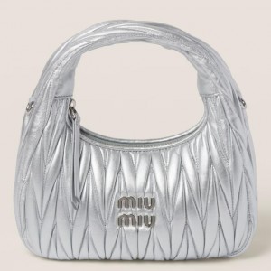 Miu Miu Wander Hobo Bag in Silver Matelasse Leather