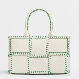 Bottega Veneta White Arco Small Tote with Green Overlock Stitching
