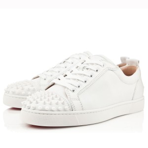 Christian Louboutin Men's Louis Junior Spikes Flat Sneakers In White Leather
