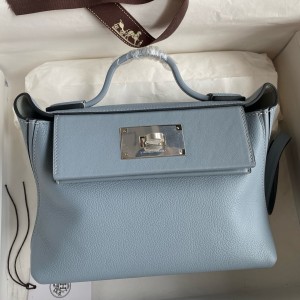  Hermes 24/24 Mini 21 Handmade Bag in Blue Lin Evercolor Leather
