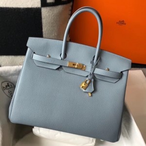 Hermes Blue Lin Clemence Birkin 35cm Bag