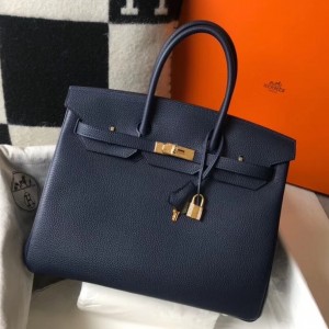 Hermes Navy Blue Clemence Birkin 35cm Bag