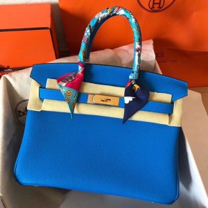 Hermes Blue Birkin 30cm Clemence Handmade Bag