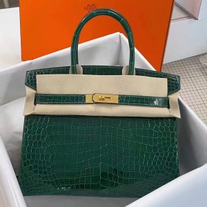 Hermes Birkin 30cm Bag In Green Crocodile Porosus Shiny Skin