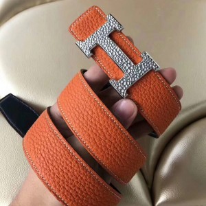 Hermes H Belt Buckle & Orange Clemence 32 MM Strap