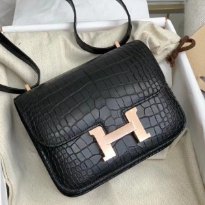 Hermes Mini Constance 18cm Bag In Black Alligator Crocodile Skin