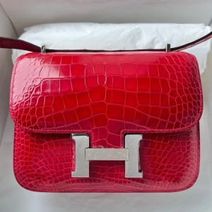 Hermes Constance 18 Handmade Bag In Red Shiny Alligator Leather 