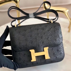 Hermes Mini Constance 18cm Black Ostrich Leather