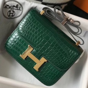 Hermes Constance 24cm Bag In Green Embossed Crocodile