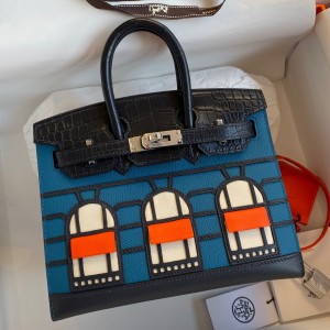 Replica Hermes Birkin 25cm Bag In Blue Lin Clemence Leather GHW