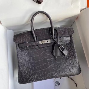Hermes Dark Grey Birkin 25cm Matte Alligator Crocodile Skin Bag