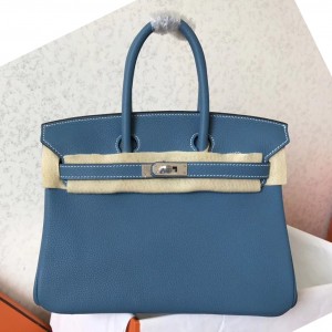 Hermes Blue Jean Birkin 25cm Clemence Handmade Bag