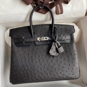 Hermes Birkin 25 Retourne Handmade Bag In Black Ostrich Leather