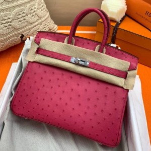 Hermes Rose Red Birkin 25cm Ostrich Handmade Bag