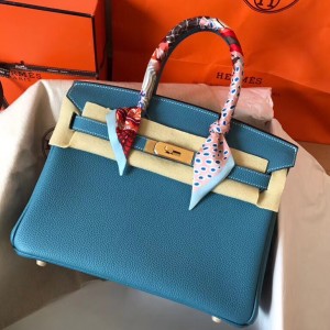 Hermes Blue Jean Birkin 30cm Clemence Handmade Bag