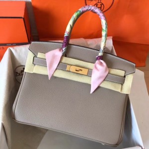 Hermes Grey Birkin 30cm Clemence Handmade Bag
