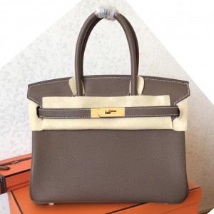 Hermes Taupe Birkin 30cm Clemence Handmade Bag