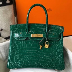 Hermes Birkin 30cm Bag In Green Embossed Crocodile Leather