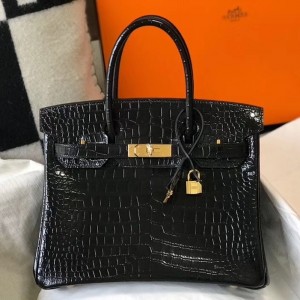 Hermes Birkin 30cm Bag In Black Embossed Crocodile Leather